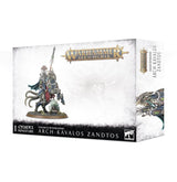 White and gray Warhammer box showing an ornate skeletal rider on a mount, holding a long spear, with teal and red accents. The front reads “WARHAMMER AGE OF SIGMAR” and “ARCH-KAVALOS ZANDTOS”; the right side shows vertical product text and cropped artwork.
