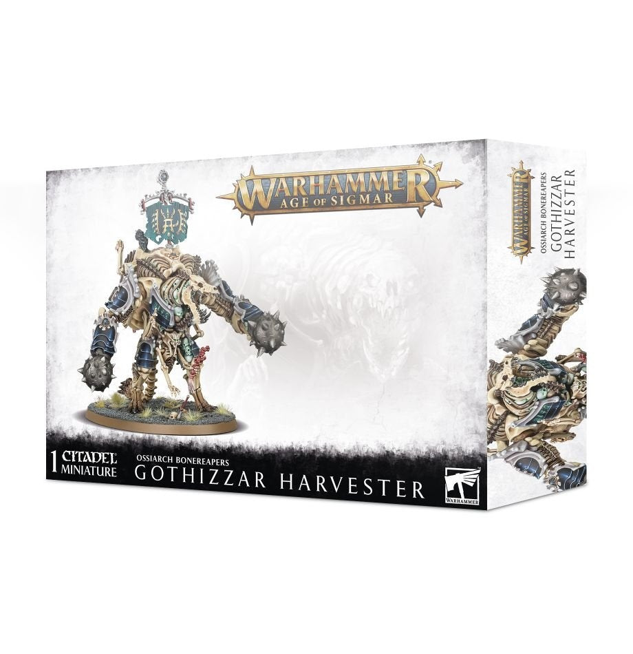 A white Warhammer box shows a bone-armored, skeletal Gothizzar Harvester miniature with teal and dark blue accents, wielding spiked weapons on an oval base; the box side shows a cropped second view. The front reads “WARHAMMER AGE OF SIGMAR” and “GOTHIZZAR HARVESTER.”