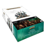A rectangular Games Workshop miniature box shown from above at an angle, with a white lid depicting an ornate skeletal character and teal front panel. The packaging reads “KATAKROS MORTARCH OF THE NECROPOLIS” and “WARHAMMER AGE OF SIGMAR.”