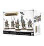 Box for five Kavalos Deathriders miniatures, shown at an angle with the front and right side visible. The front depicts five bone-colored skeletal riders in dark teal and metallic armor on mounted steeds; text reads “WARHAMMER AGE OF SIGMAR” and “KAVALOS DEATHRIDERS.”