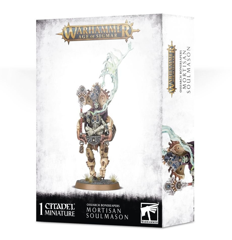 Box for a Warhammer miniature, showing a bone-armored figure with dark blue details and pale turquoise wisps standing on a round base; a cropped view appears on the side panel. Text reads “WARHAMMER AGE OF SIGMAR” and “MORTISAN SOULMASON.”