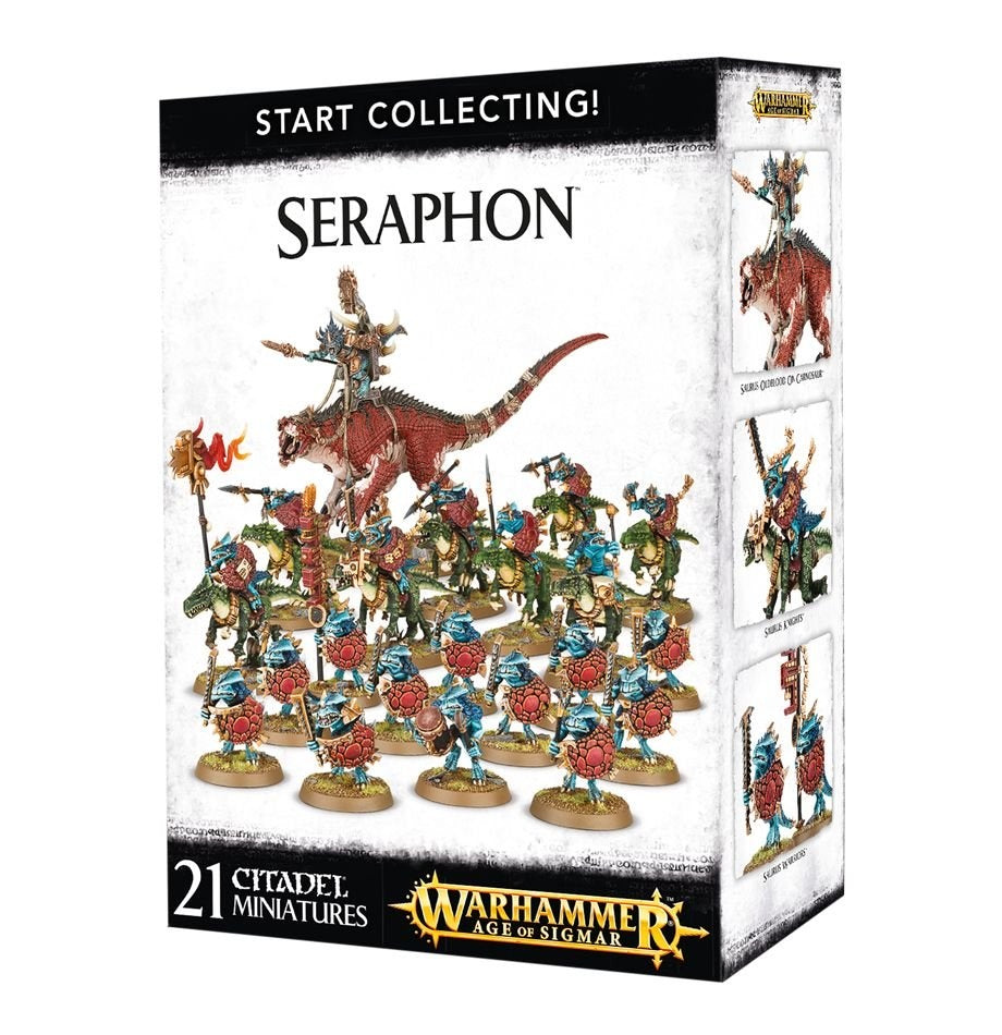 Angled Seraphon miniatures box showing a large red dinosaur with a rider behind rows of blue-green reptilian warriors and riders; three smaller figure views appear on the side panel. The box reads “START COLLECTING!” and “SERAPHON.”