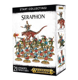 Angled Seraphon miniatures box showing a large red dinosaur with a rider behind rows of blue-green reptilian warriors and riders; three smaller figure views appear on the side panel. The box reads “START COLLECTING!” and “SERAPHON.”