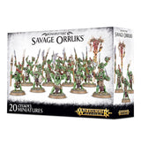 Box for Savage Orruks miniatures, shown from the front and right side, with green muscular fantasy warriors wielding spears, blades and shields. The packaging reads “BONESPLITTERZ,” “SAVAGE ORRUKS,” “20 CITADEL MINIATURES” and “WARHAMMER AGE OF SIGMAR.”