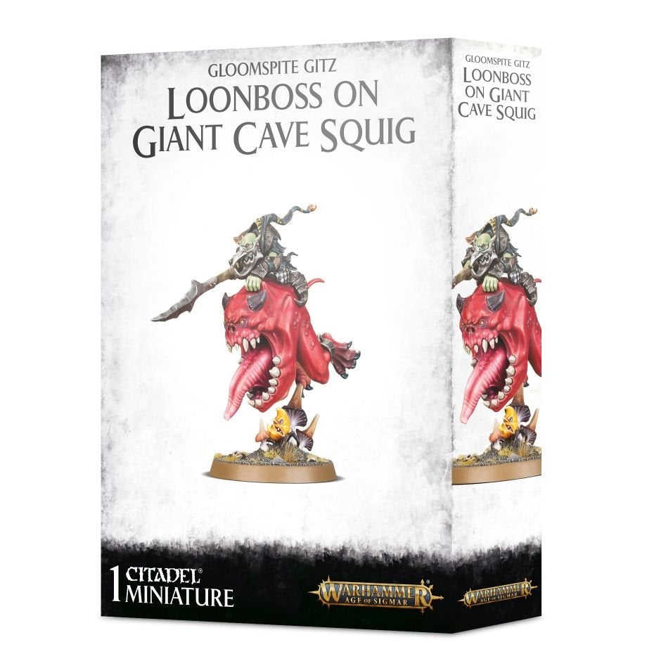 White and gray box packaging shows a painted red, wide-mouthed cave squig carrying an armored goblin rider with a spear, repeated on the front and side. The front reads “GLOOMSPITE GITZ” and “LOONBOSS ON GIANT CAVE SQUIG,” above a black strip marked “1 CITADEL MINIATURE.”