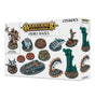 White Games Workshop box for miniature bases, shown from the front at an angle, with illustrations of ornate round and rectangular bases in teal, blue, bronze and brown, decorated with skulls and ruins. The package reads “WARHAMMER AGE OF SIGMAR,” “HERO BASES” and “MINIATURE NOT INCLUDED.”