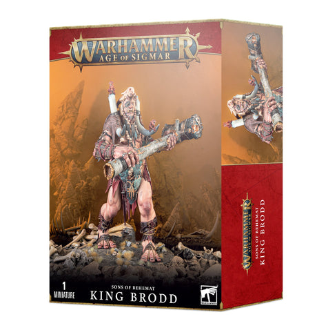Box for a King Brodd miniature, showing a towering, bare-legged giant in ornate armor holding a long club above rocky ground. The front reads “WARHAMMER AGE OF SIGMAR” and “KING BRODD”; a side panel shows another view of the figure.