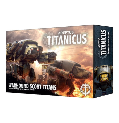 A rectangular Adeptus Titanicus miniatures box shown at an angle, with two bulky mechanical scout Titans against a smoky, fiery battlefield. The front reads “ADEPTUS TITANICUS” and “WARHOUND SCOUT TITANS”; the narrow side shows a Titan portrait and vertical title lettering.