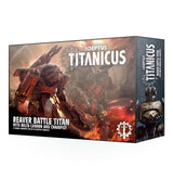 Box for an Adeptus Titanicus Reaver Battle Titan miniature kit, with fiery artwork of a red-and-dark armored giant wielding weapons. The front reads “ADEPTUS TITANICUS” and “REAVER BATTLE TITAN WITH MELTA CANNON AND CHAINFIST”; the right side shows a close-up of the Titan.