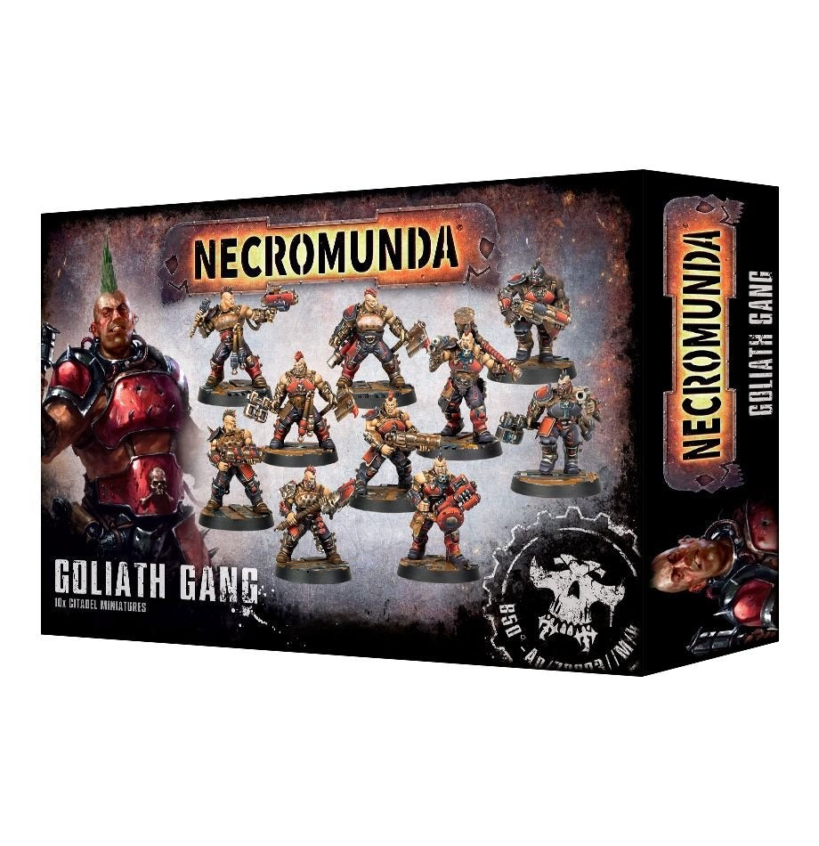 Necromunda: Goliath Gang miniatures box, with red-and-black armored gang members pictured across the front and character artwork on the side. The front reads “NECROMUNDA” and “GOLIATH GANG.”