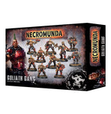 Necromunda: Goliath Gang miniatures box, with red-and-black armored gang members pictured across the front and character artwork on the side. The front reads “NECROMUNDA” and “GOLIATH GANG.”