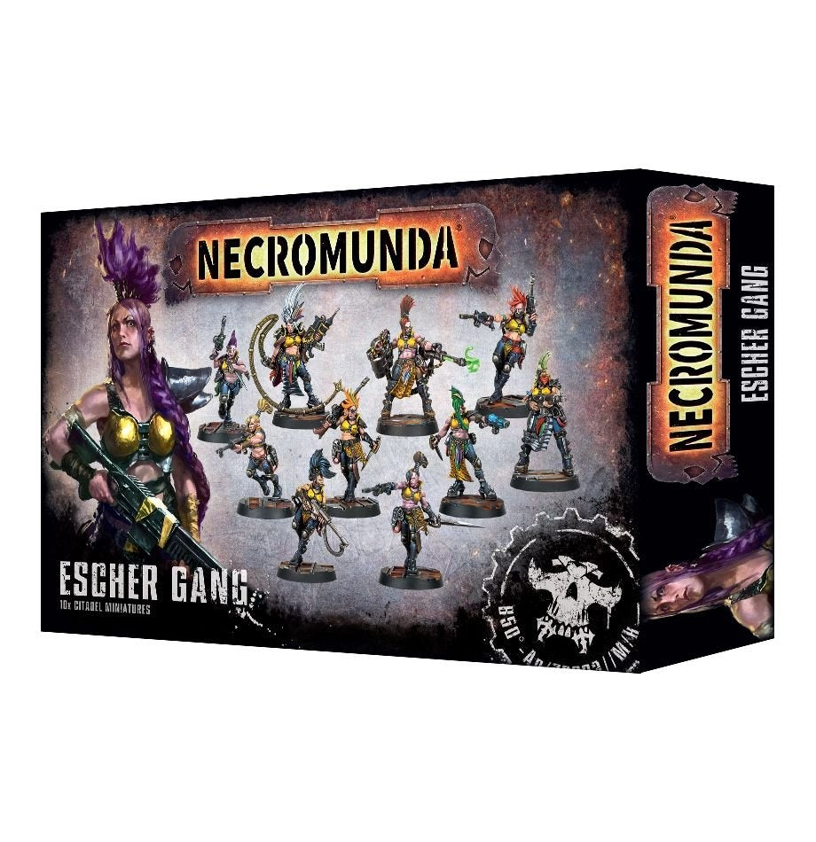 Necromunda: Escher Gang miniature set box, shown from the front and right side. The front displays painted sci-fi figures in colorful armor and the text “NECROMUNDA” and “ESCHER GANG”; the side repeats the title vertically.