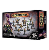 Necromunda: Escher Gang miniature set box, shown from the front and right side. The front displays painted sci-fi figures in colorful armor and the text “NECROMUNDA” and “ESCHER GANG”; the side repeats the title vertically.