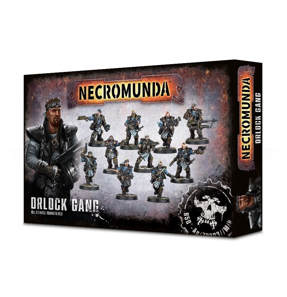 Box for Necromunda: Orlock Gang miniatures, shown at an angle with the front and right side visible. The distressed black-and-gray artwork shows an armored gang leader and a group of armed figures; the front reads “NECROMUNDA” and “ORLOCK GANG.”