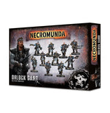 Box for Necromunda: Orlock Gang miniatures, shown at an angle with the front and right side visible. The distressed black-and-gray artwork shows an armored gang leader and a group of armed figures; the front reads “NECROMUNDA” and “ORLOCK GANG.”