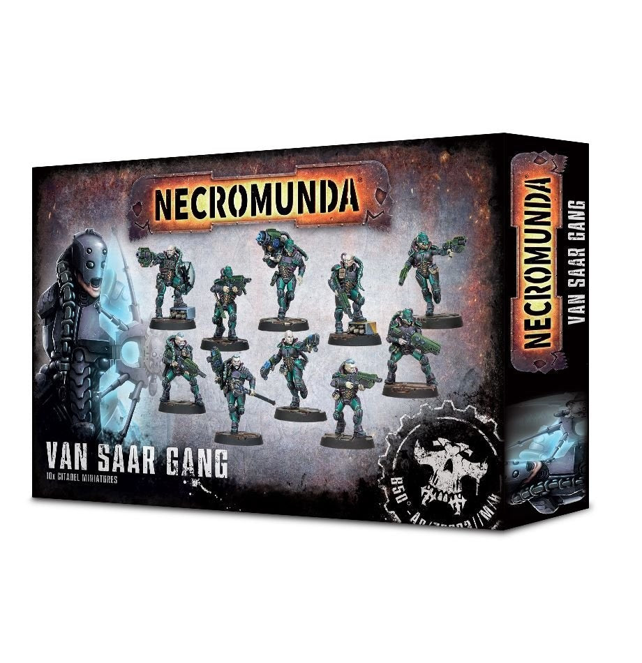 A black, distressed Necromunda box shows a lineup of teal-and-dark-armored sci-fi fighters on round bases, with a masked figure at left and a skull graphic near the bottom. The front reads “NECROMUNDA” and “VAN SAAR GANG”; the right side repeats the title vertically.