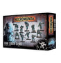 A black, distressed Necromunda box shows a lineup of teal-and-dark-armored sci-fi fighters on round bases, with a masked figure at left and a skull graphic near the bottom. The front reads “NECROMUNDA” and “VAN SAAR GANG”; the right side repeats the title vertically.