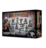 Box for Necromunda: Cawdor Gang miniatures, shown at an angle with the front and right spine visible. The dark, distressed box art shows armed figures in blue and brown clothing; prominent text reads “NECROMUNDA” and “CAWDOR GANG.”