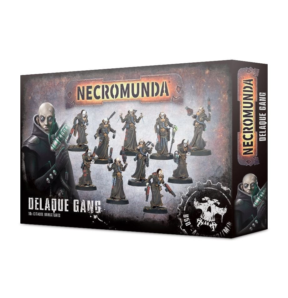 Box for Necromunda: Delaque Gang, with artwork of several hooded, dark-clad miniatures holding weapons against a distressed gray-purple background. The front reads “NECROMUNDA” and “DELAQUE GANG”; the right side repeats the title and shows a character portrait.