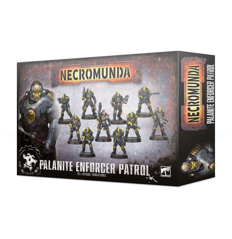 Angled view of a dark, weathered-look Necromunda miniature box showing armored figures in gray and black with yellow accents, carrying weapons. The front reads “NECROMUNDA” and “PALANITE ENFORCER PATROL”; the side repeats the title vertically.