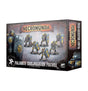 Box for Necromunda: Palanite Subjugator Patrol, with artwork of six gray-armored figures carrying yellow shields. The front reads “NECROMUNDA” and “PALANITE SUBJUGATOR PATROL”; the narrow side repeats the game and patrol names.