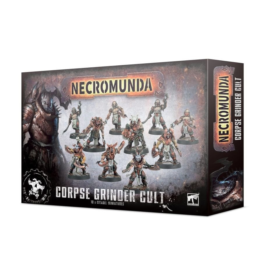 Necromunda: Corpse Grinder Cult miniature box shown at an angle, with the front and right side visible. The front depicts armored figures and reads “NECROMUNDA” and “CORPSE GRINDER CULT”; the side repeats the title vertically.