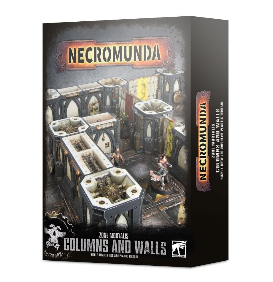 Box for Warhammer 40,000 terrain set, shown from the front and right side. The front depicts gray industrial columns and walls arranged as a miniature battlefield with small figures; prominent text reads “NECROMUNDA” and “ZONE MORTALIS COLUMNS AND WALLS.”