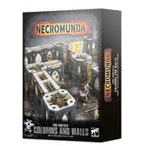 Box for Warhammer 40,000 terrain set, shown from the front and right side. The front depicts gray industrial columns and walls arranged as a miniature battlefield with small figures; prominent text reads “NECROMUNDA” and “ZONE MORTALIS COLUMNS AND WALLS.”