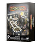 Box for Warhammer 40,000 terrain set, shown from the front and right side. The front depicts gray industrial columns and walls arranged as a miniature battlefield with small figures; prominent text reads “NECROMUNDA” and “ZONE MORTALIS COLUMNS AND WALLS.”