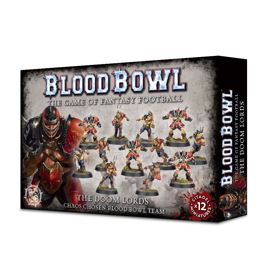 Angled box for Blood Bowl: a gray, blood-spattered front shows armored fantasy football miniatures in red, black and gold, with a larger warrior at left; the narrow black side repeats the title. Text reads “BLOOD BOWL” and “THE DOOM LORDS.”