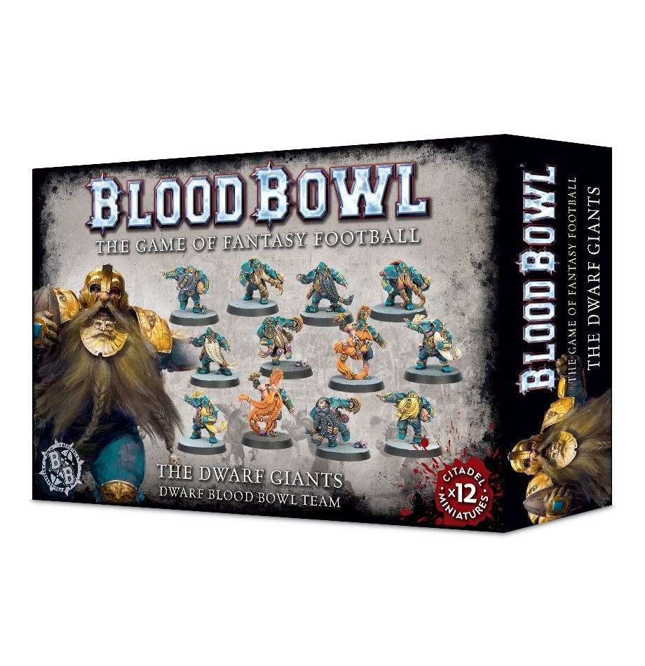 Box for the Blood Bowl Dwarf Giants team, with painted dwarf football miniatures in blue, teal, gold and orange on the front, beside large dwarf character artwork. The box side repeats “BLOOD BOWL” and “THE DWARF GIANTS”; front text includes “×12 MINIATURES”.