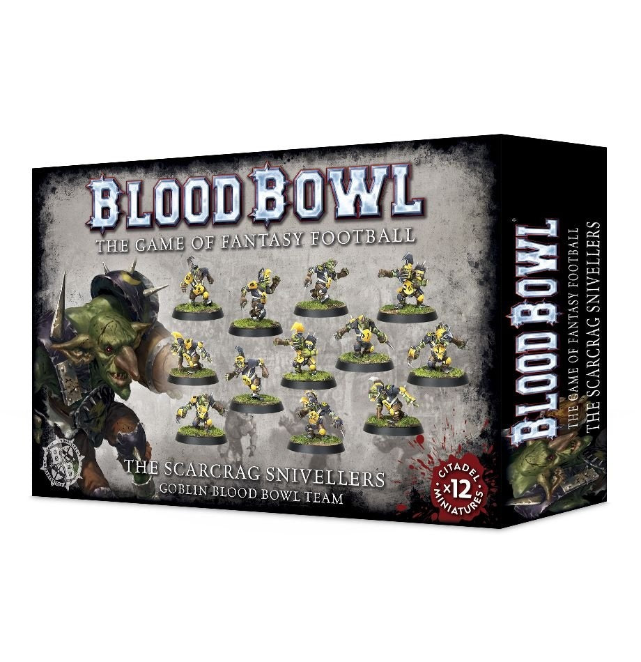 Blood Bowl: Scarcrag Snivellers miniature set in a black box, shown from the front and right side. The front features a large green goblin and rows of goblin players in yellow and black, with the text “BLOOD BOWL” and “THE SCARCRAG SNIVELLERS.”