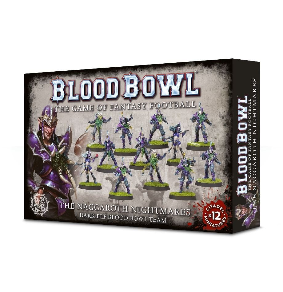 Boxed Blood Bowl: Naggaroth Nightmares set, shown from the front and right side, with purple-armored Dark Elf players pictured on the front. The box reads “BLOOD BOWL” and “THE NAGGAROTH NIGHTMARES,” with a red badge marked “x12 MINIATURES.”