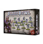Boxed Blood Bowl: Naggaroth Nightmares set, shown from the front and right side, with purple-armored Dark Elf players pictured on the front. The box reads “BLOOD BOWL” and “THE NAGGAROTH NIGHTMARES,” with a red badge marked “x12 MINIATURES.”