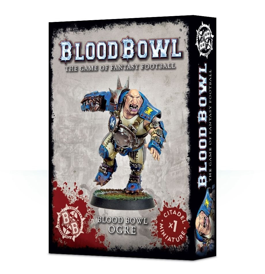 Blood Bowl Ogre miniature box showing a snarling, muscular player in blue armor and numbered gear, posed on a round base. The front reads “BLOOD BOWL,” “THE GAME OF FANTASY FOOTBALL,” and “BLOOD BOWL OGRE.”
