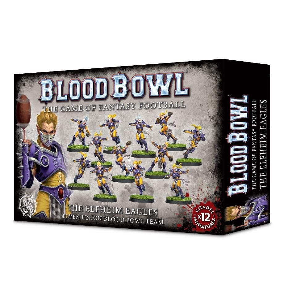 Blood Bowl: The Elfheim Eagles miniature team box, shown from the front and right side. The front depicts an elf player and 12 figures in purple and yellow uniforms, with the text “BLOOD BOWL” and “THE ELFHEIM EAGLES.”