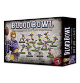 Blood Bowl: The Elfheim Eagles miniature team box, shown from the front and right side. The front depicts an elf player and 12 figures in purple and yellow uniforms, with the text “BLOOD BOWL” and “THE ELFHEIM EAGLES.”
