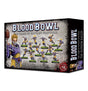 Blood Bowl: The Elfheim Eagles miniature team box, shown from the front and right side. The front depicts an elf player and 12 figures in purple and yellow uniforms, with the text “BLOOD BOWL” and “THE ELFHEIM EAGLES.”