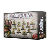 Box for a Blood Bowl halfling miniature team, shown from the front and right side. The artwork displays a group of small figures in green and yellow uniforms and a larger armored character; prominent text reads “BLOOD BOWL” and “THE GREENFIELD GRASSHUGGERS.”
