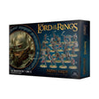 Dark blue Middle-Earth: Morannon Orcs miniature box, shown from the front and right side. The front features a helmeted orc portrait and rows of armed orc figures on bases, with gold lettering reading “THE LORD OF THE RINGS” and “MORANNON ORCS.”