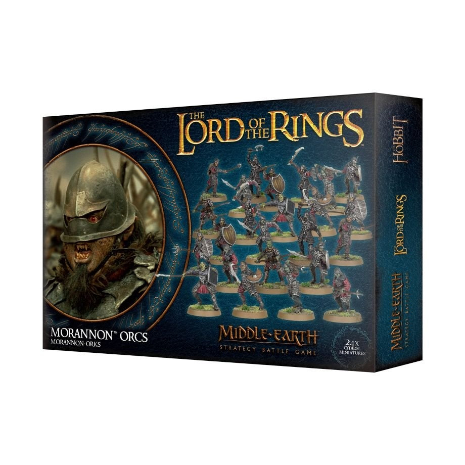 Dark blue Middle-Earth: Morannon Orcs miniature box, shown from the front and right side. The front features a helmeted orc portrait and rows of armed orc figures on bases, with gold lettering reading “THE LORD OF THE RINGS” and “MORANNON ORCS.”