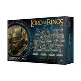 Dark blue Middle-Earth: Morannon Orcs miniature box, shown from the front and right side. The front features a helmeted orc portrait and rows of armed orc figures on bases, with gold lettering reading “THE LORD OF THE RINGS” and “MORANNON ORCS.”