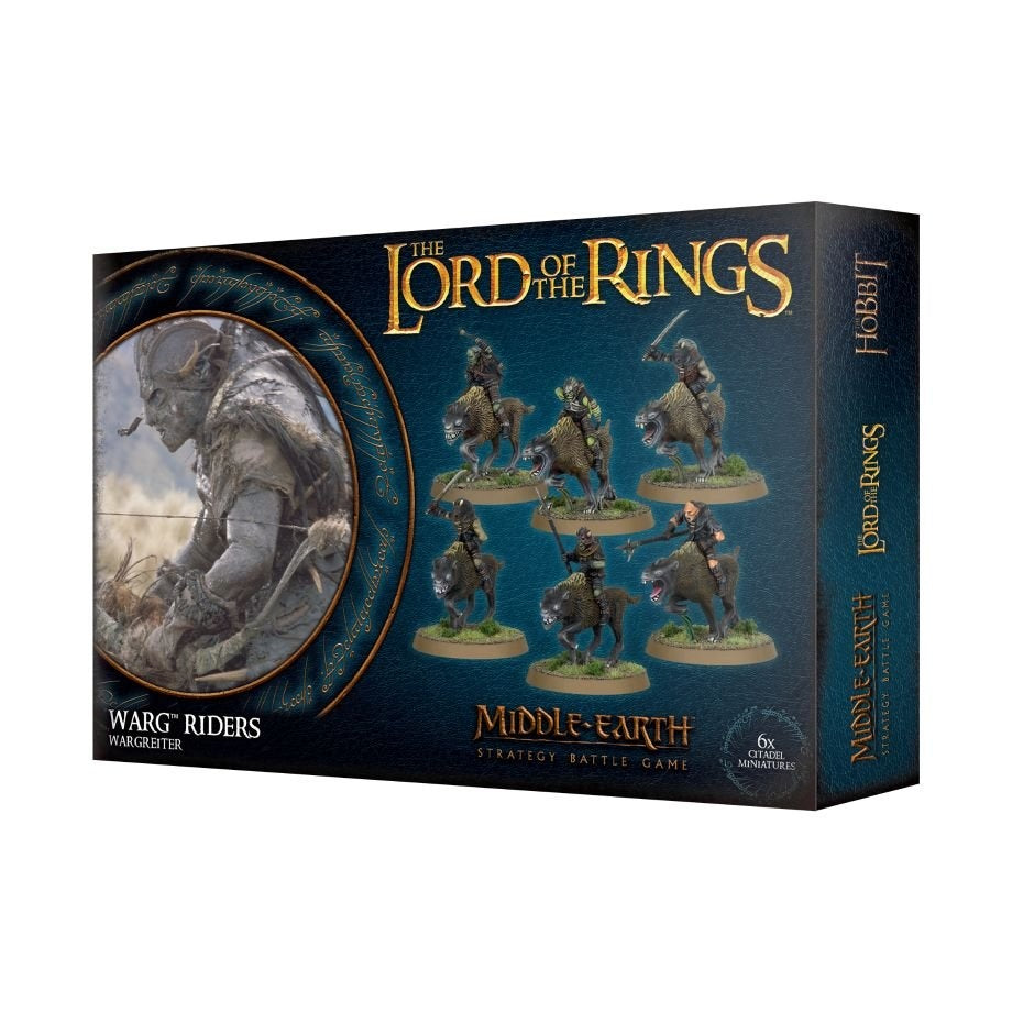 Dark teal “The Lord of the Rings” Warg Riders box shown at an angle, with six small riders on gray wargs across the front, a circular character illustration at left, and “Middle-earth” lettering near the bottom.