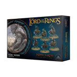 Dark teal “The Lord of the Rings” Warg Riders box shown at an angle, with six small riders on gray wargs across the front, a circular character illustration at left, and “Middle-earth” lettering near the bottom.