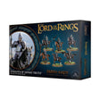 Dark teal Knights of Minas Tirith miniature set box shown at an angle, with six mounted armored figures across the front and a larger rider illustration at left. The box reads “THE LORD OF THE RINGS” and “KNIGHTS OF MINAS TIRITH”; its narrow spine is also visible.