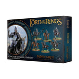 Dark teal Knights of Minas Tirith miniature set box shown at an angle, with six mounted armored figures across the front and a larger rider illustration at left. The box reads “THE LORD OF THE RINGS” and “KNIGHTS OF MINAS TIRITH”; its narrow spine is also visible.
