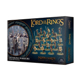 Angled dark teal box for Easterling Warriors miniatures, showing rows of armored figures with shields and weapons and a circular battle scene. Gold lettering reads “THE LORD OF THE RINGS” and “MIDDLE-EARTH STRATEGY BATTLE GAME,” with “EASTERLING WARRIORS” below.