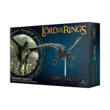 Three-quarter view of a dark teal box for a Winged Nazgûl miniature, showing a gray, long-winged creature with a rider in flight and a circular inset scene. Gold lettering reads “THE LORD OF THE RINGS” and “MIDDLE-EARTH STRATEGY BATTLE GAME.”