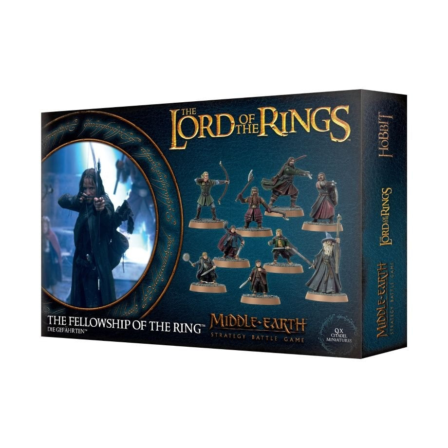Dark teal Middle-Earth miniature game box shown at an angle, with nine small character figures pictured on the front beside a circular image of a bow-wielding character. Gold lettering reads “THE LORD OF THE RINGS” and “MIDDLE-EARTH,” with “THE FELLOWSHIP OF THE RING” in white.