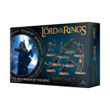 Dark teal Middle-Earth miniature game box shown at an angle, with nine small character figures pictured on the front beside a circular image of a bow-wielding character. Gold lettering reads “THE LORD OF THE RINGS” and “MIDDLE-EARTH,” with “THE FELLOWSHIP OF THE RING” in white.
